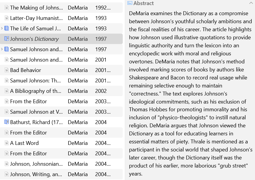 Zotero screenshot sowing the AI-generated abstract for a 1997 article by Robert DeMaria, Jr. about Johnson's Dictionary