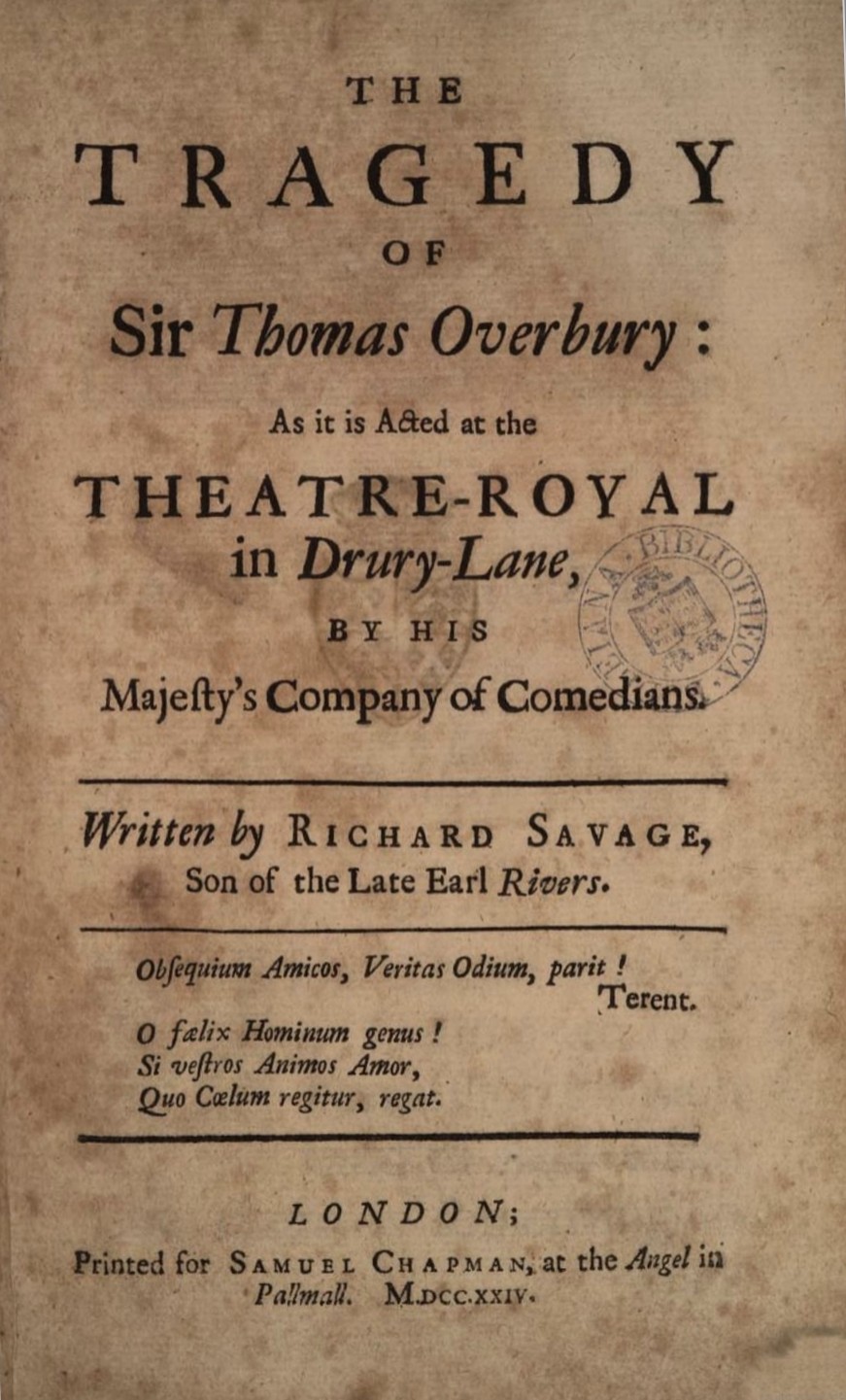 Title page of Sir Thomas Overbury by Richard Savage, printed in 1724