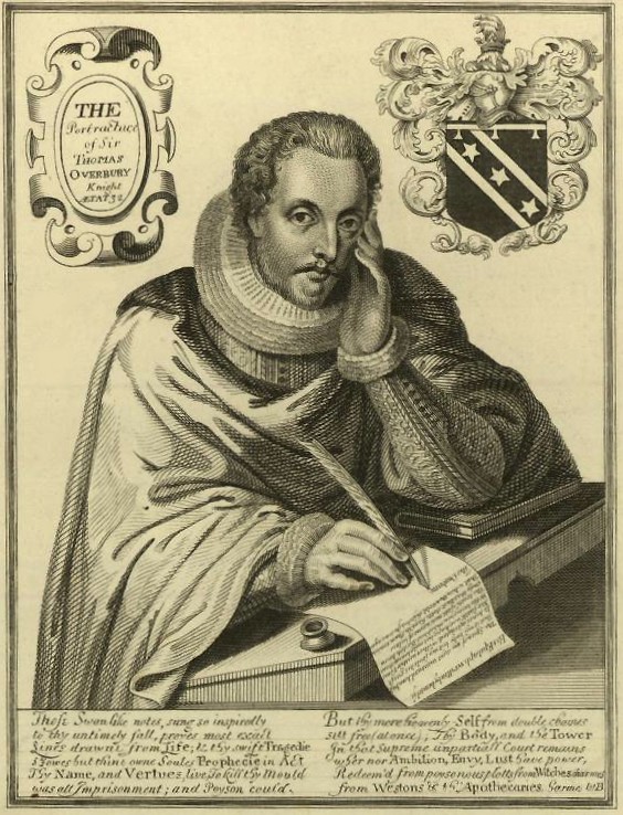 Engraving of a man in a ruff seated at a desk with a quill and paper