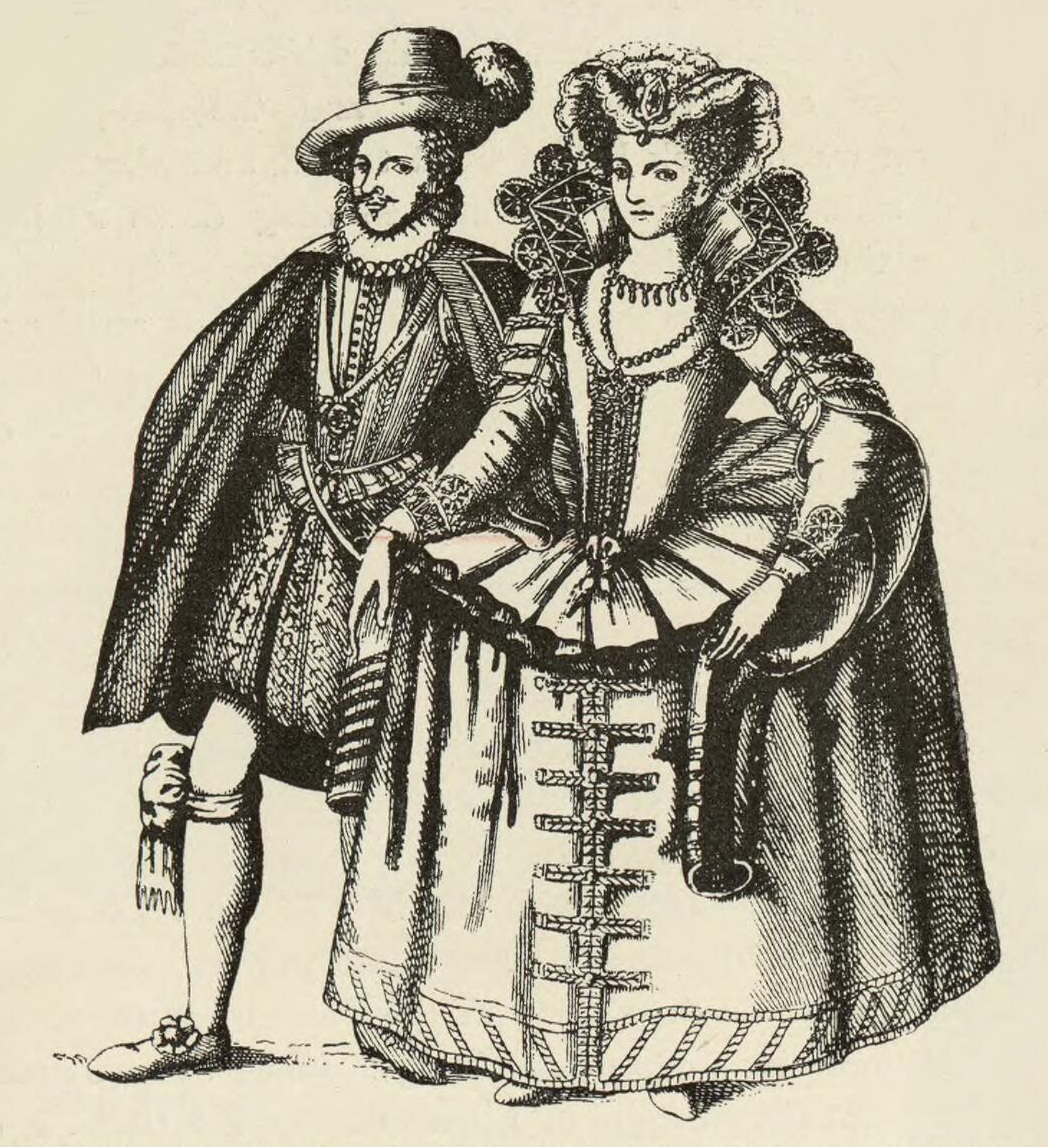 Engraving of a man and a woman in Elizabethan garb