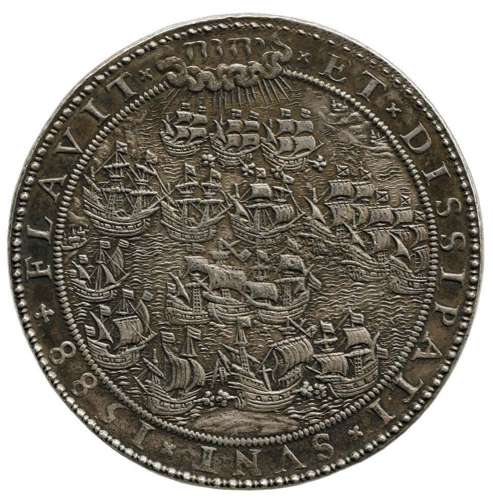A metal medallion showing ships at sea surrounded by the words '1588 flavit et dissipati sunt'