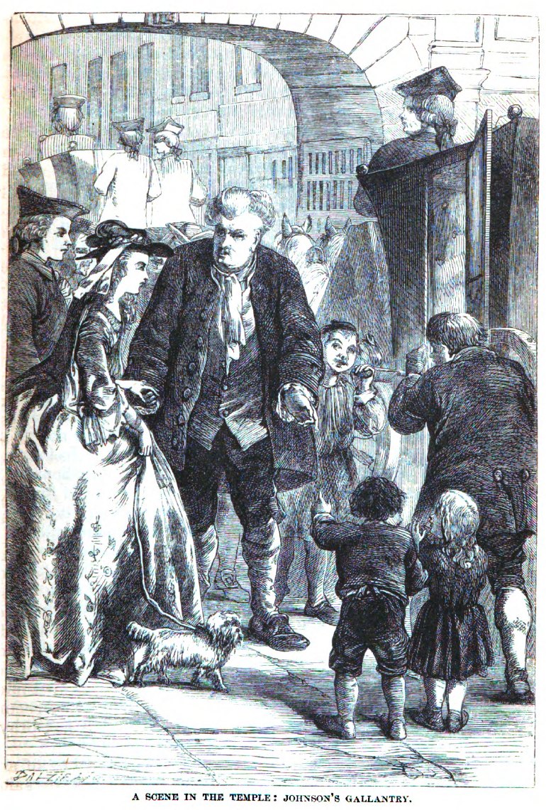 Figure 4. An engraving of a man moving through a crowd. The man is talking to a woman. The woman is holding a dog on a leash. Two children look up at the man. Caption at bottom of image reads: 'A SCENE IN THE TEMPLE: JOHNSON'S GALLANTRY.