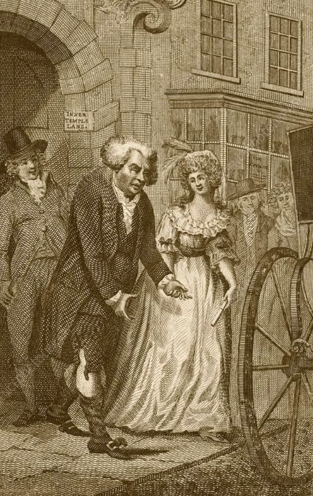 Engraving of a man talking to a woman on a street. People in background look on.