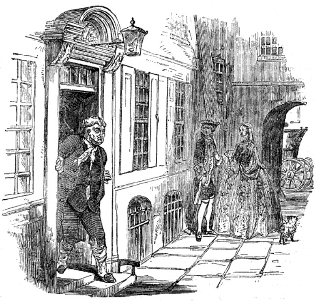 A man is standing in a doorway leading outside to the street. In the background, a man and a woman look on.