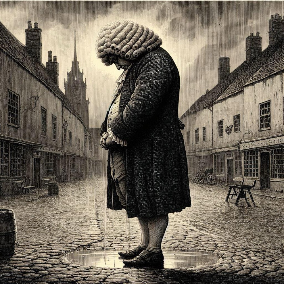 AI generated image of a man in a powdered wig standing with head bowed in the rain