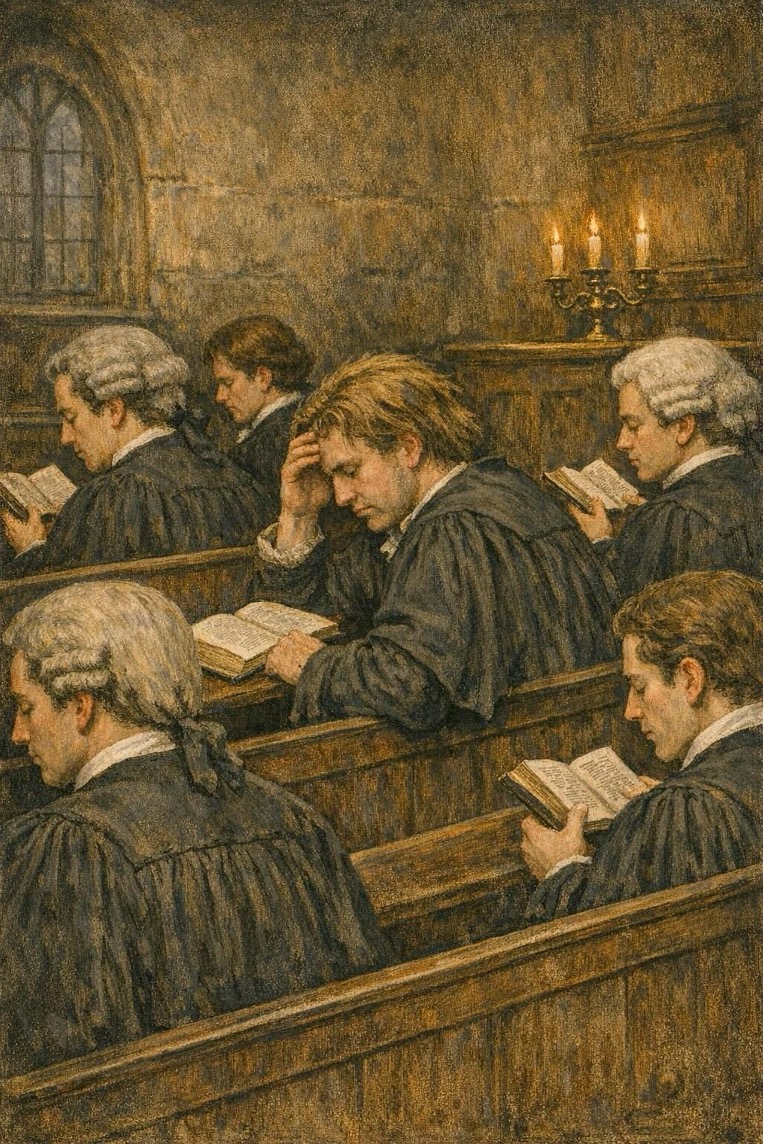 AI generated image of a group of men in a church, reading books. One man is holding his head as if in thought.