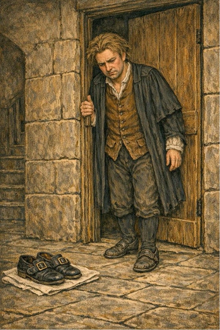 AI generated image of a man in a doorway looking down at a pair of shoes.