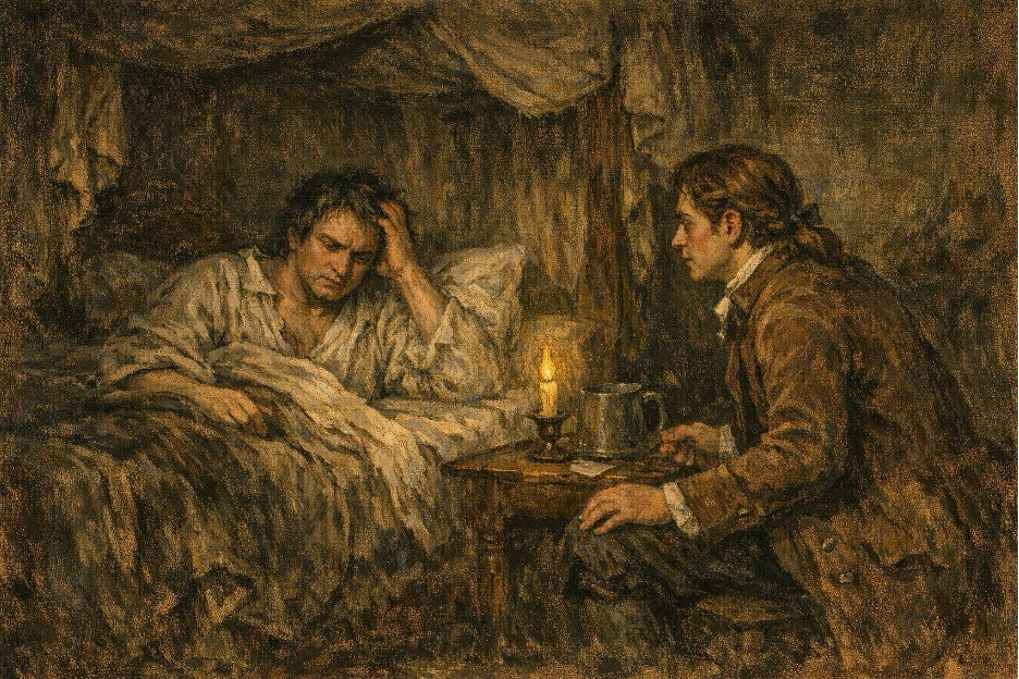 AI generated image of a man in a bed holding his head and another man sitting next to him.