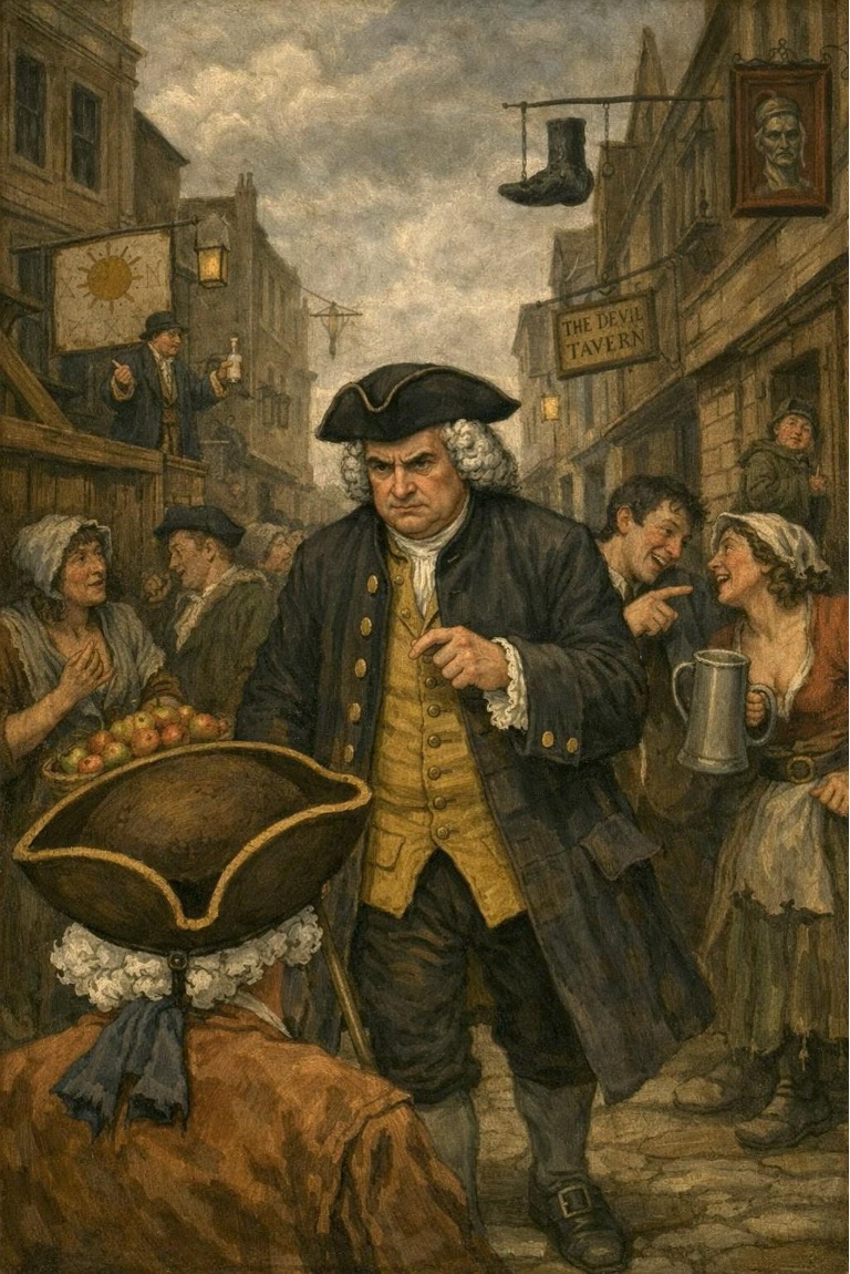 Storybook style image of a scowling bewigged man in 17th-century garb walking down a street crowded with vendors and merrymakers.