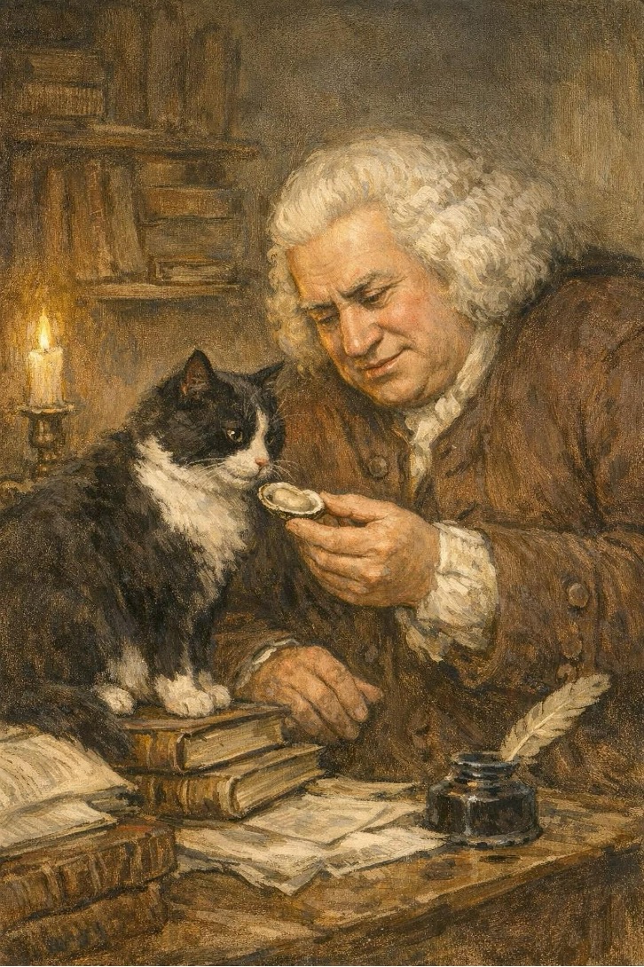 A man in a powdered wig smiles while presenting an oyster to a black and white cat standing on a cluttered desk. The image is in the style of an oil painting.