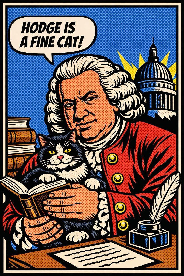 Cartoon-style image of man holding a cat and a book. A speech bubble contains the words 'Hodge is a fine cat!' A domed building appears in the background.