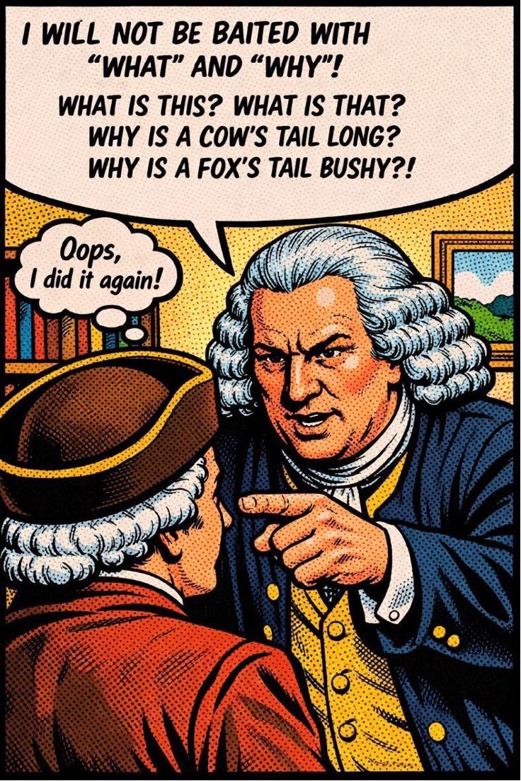 Cartoon of man in powdered wig pointing at a man with his back facing us. Speech bubble above the first man reads 'I will not be baited with what and why! What is this? What is that? Why is a cow's tail long? Why is a fox's tail bushy?!' Thought bubble above the second man reads 'Oops, I did it again!'