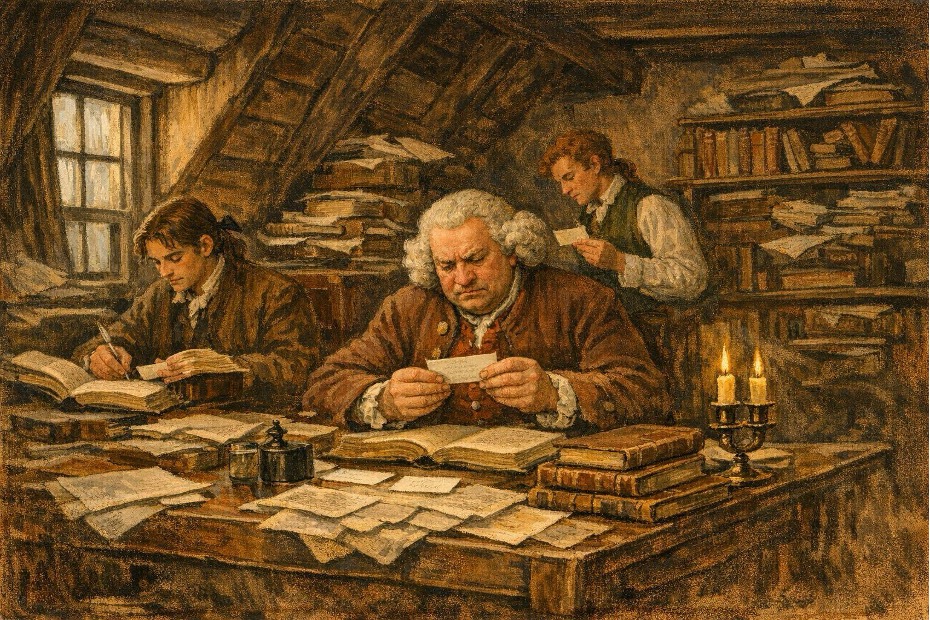 A man in a powdered wig looks at a small piece of paper in a room crowded with books and papers. Two younger men work alongside him.