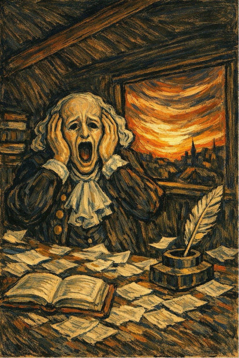 AI generated image in the style of Munch's 'The Scream.' A man with a gaping mouth holds his hands to the sides of his face at a table covered with books and papers. A town at sunset is seen through the window.