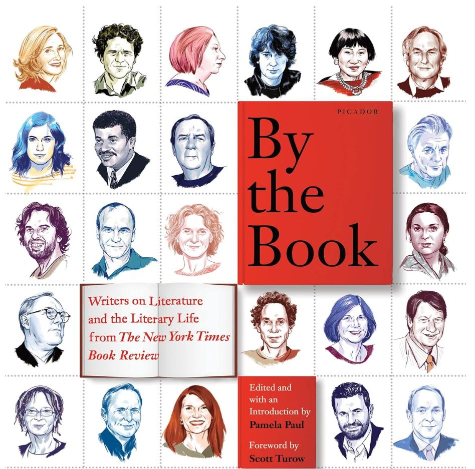 The cover of By the Book. A grid of people's faces with the text By the Book on a Red background.