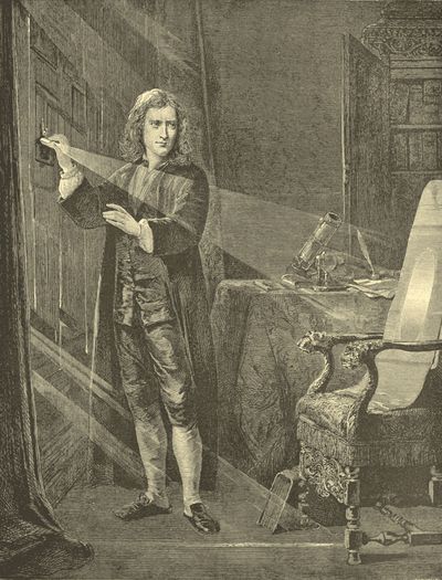 Monochrome engraving of a man standing at a window holding up a prism that is reflecting light onto a surface in the room