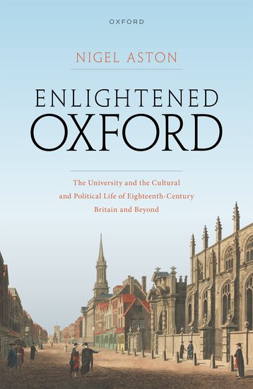 Cover of Enlightened Oxford, illustrated with a painting of an 18th century Oxford street