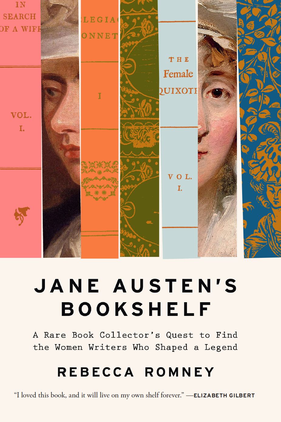Book cover featuring spines of old books interspersed with slivers from oil paintings of women's faces